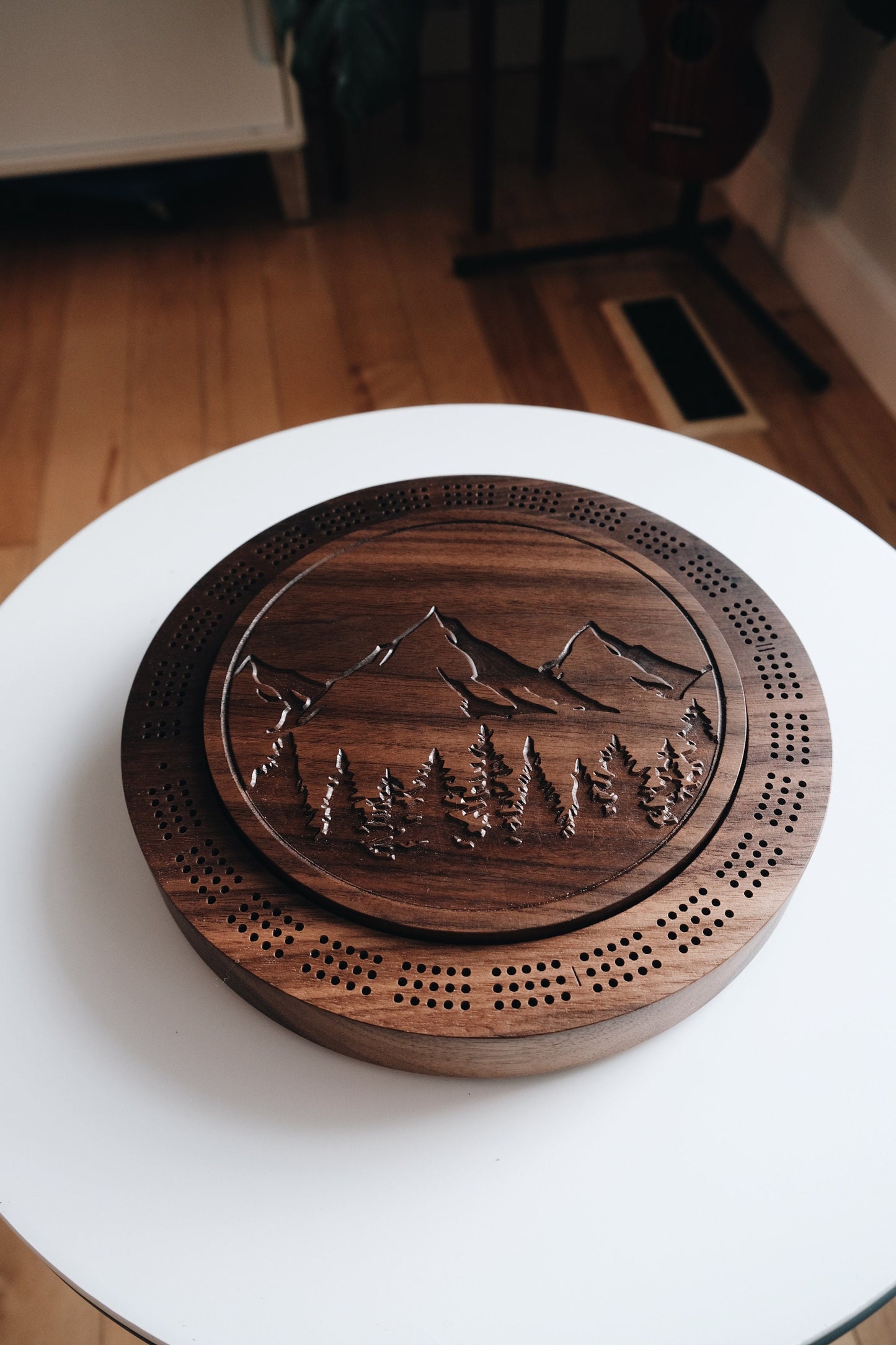 Cribbage board, Round Walnut high top view